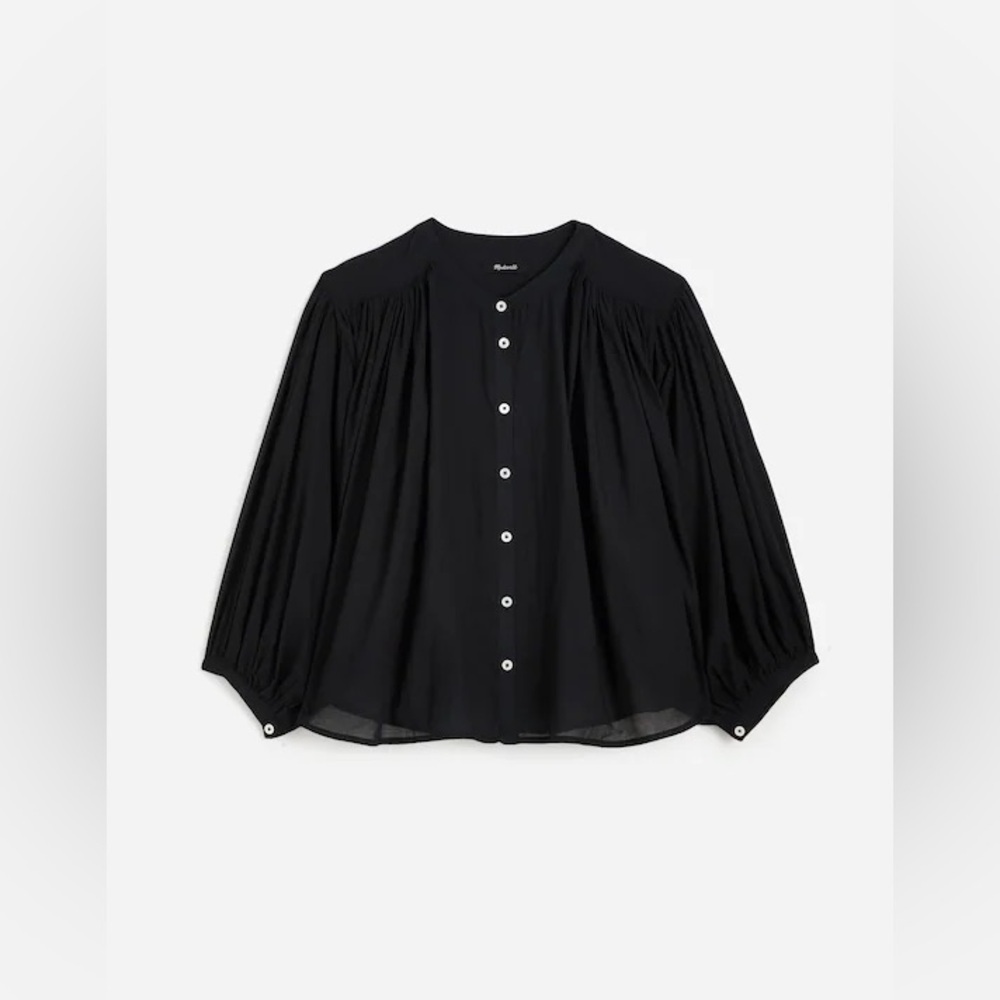 Madewell Shirred Crewneck Balloon Sleeve Button Up Peasant Blouse in Black, XXS - Picture 7 of 14